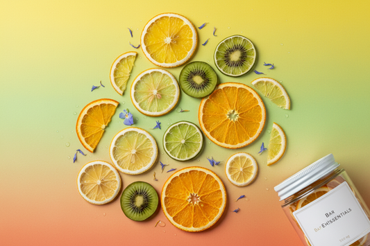 Colorful dehydrated citrus slices with vibrant gradient background
